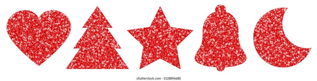 Set Of Five Red Christmas Symbols Sparkling