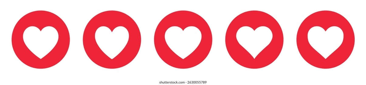 Set of five red circular heart icons in a row on white background. Minimalist flat design love symbols, perfect for Valentine's Day, social media likes, dating apps, or romantic themes. Heart, icons.