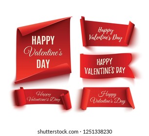 Set of five red, Happy Valentines day, realistic, paper banners. Vector illustration.