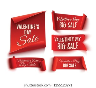 Set of five red, Happy Valentines day sale, realistic, paper banners and posters. Vector illustration.