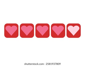 Set of five red hearts, rating symbol, service quality, minimal icon. Vector illustration on white background	
