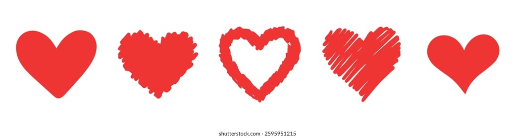 Set of five red hearts vector icon set isolated. Heart icons. Red hearts symbol, love sign, heartbeat silhouette, heart pictograms isolated set. Vector illustration.