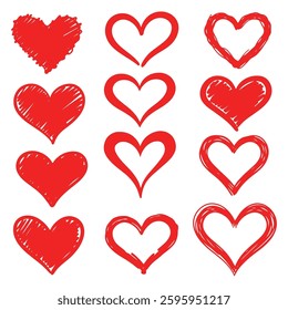 Set of five red hearts vector icon set isolated. Heart icons. Red hearts symbol, love sign, heartbeat silhouette, heart pictograms isolated set. Vector illustration.