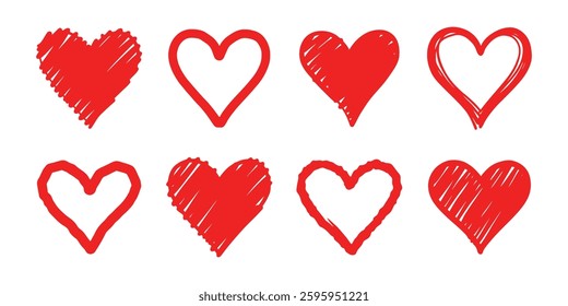 Set of five red hearts vector icon set isolated. Heart icons. Red hearts symbol, love sign, heartbeat silhouette, heart pictograms isolated set. Vector illustration.