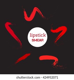 Set of five red lipstick smudges in different shadows and forms. Vector red lipstick smear concept isolated on black background. Vector cosmetic elements and texture. Red acrylic brush strokes.