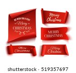Set of five red, Merry Christmas, realistic, paper banners. Vector illustration.
