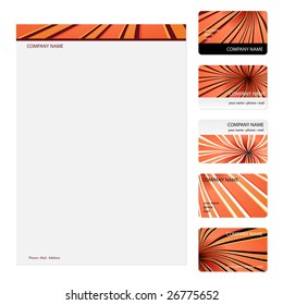 Set of five red and orange vintage business cards and stationery sheet