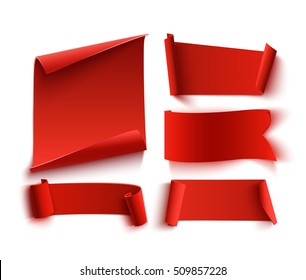 Set of five red, realistic, paper banners. Vector illustration.