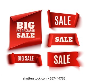 Set of five red, realistic, sale paper banners. Vector illustration.