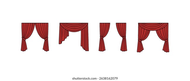 Set of five red theater curtains in different styles on white background.