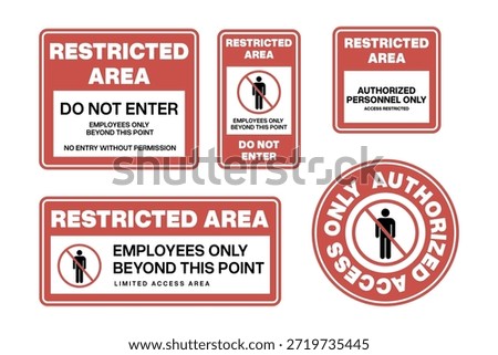 A set of five red and white warning signs indicating restricted areas and authorized access only.