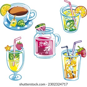 Set of five refreshing healthy drinks in colorful cartoon style. No transparency used.