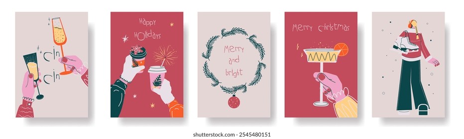Conjunto de cinco cartões comemorativos de Natal e feriado retrô com elementos festivos: Óculos de champanhe, copos de café, faíscas, grinalda, patins de gelo e mensagens manuscritas Ilustração vetorial para celebração