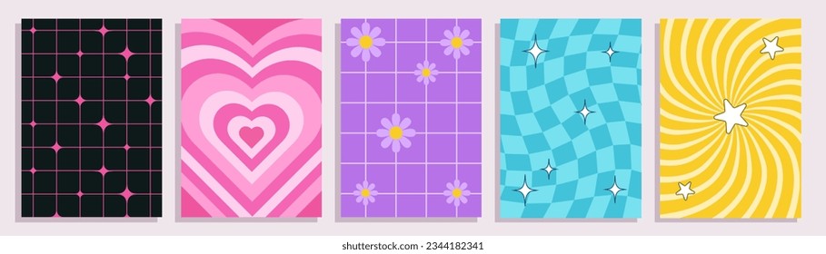 Set of five retro y2k backgrounds with geometric single and seamless patterns, 2000s aesthetic colorful backdrops for prints, decorations, postcards, templates.