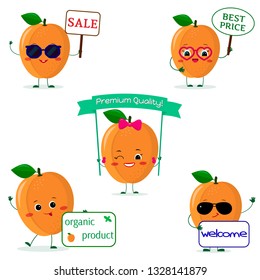 A set of five ripe apricot Smiley in cartoon style. With different plates and glasses. Logo, template, design. Flat, Vector illustration.