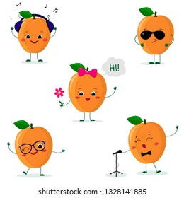 A set of five ripe apricot Smiley in a cartoon style. In headphones, in sunglasses, dancing in glasses , with a flower, singing into the microphone. Flat, Vector illustration.