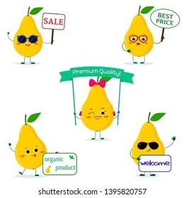 A set of five ripe Kawaii cute yellow pear fruit in cartoon style. With different plates and glasses. Logo, template, design. Flat, Vector illustration.