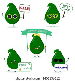 A set of five ripe Kawaii cute avocado fruit in cartoon style. With different plates and glasses. Logo, template, design. Flat, Vector illustration.