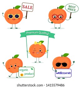 A set of five ripe Kawaii cute peach fruit in cartoon style. With different plates and glasses. Logo, template, design. Flat, Vector illustration.