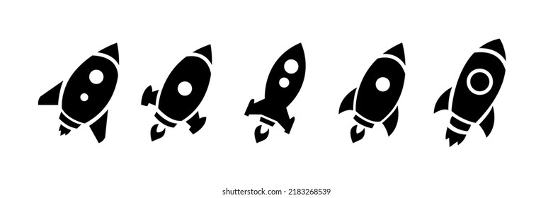 Set of five rocket or spaceship icons isolated on white. Travel or science exploration concept. Start up new business project vector illustration