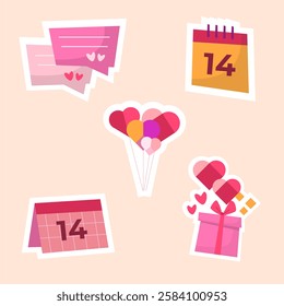 Set of five romantic Valentine elements in pink tones with hearts, love symbols, and modern design