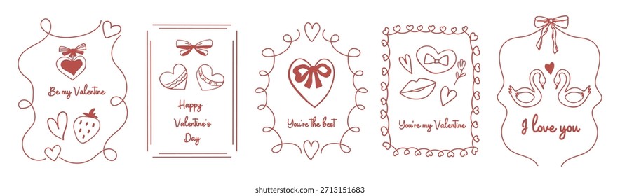 A set of five romantic Valentine's Day frames, each with a unique design and a touching message. A festive collection of frames for greeting cards. Vector.