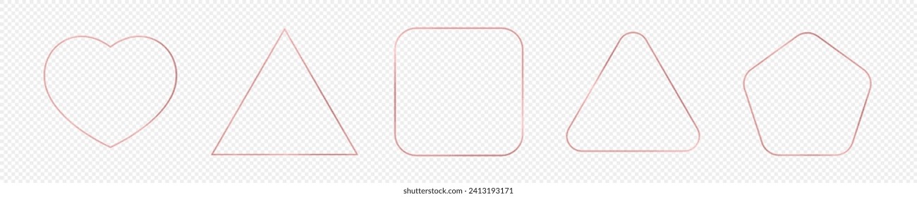 Satz aus fünf rosaroten Golden, die verschiedene geometrische Gestaltungsrahmen leuchten, einzeln auf transparentem Hintergrund. Leuchtender Rahmen mit leuchtenden Effekten. Vektorgrafik