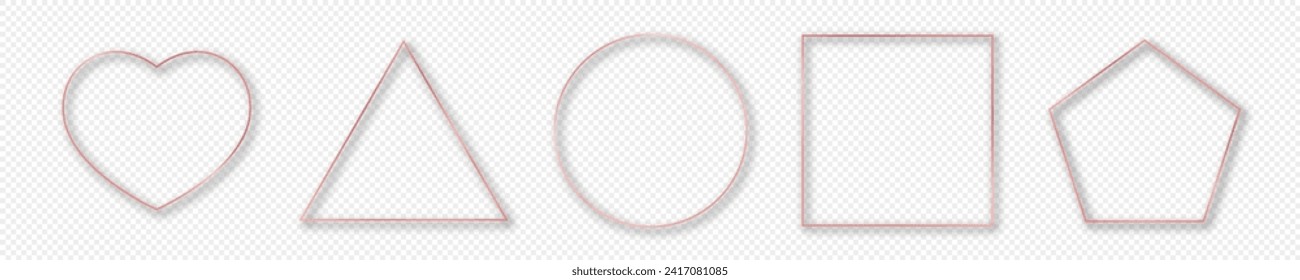 Set of five rose gold glowing different geometric shape frames with shadow isolated on transparent background. Shiny frame with glowing effects. Vector illustration