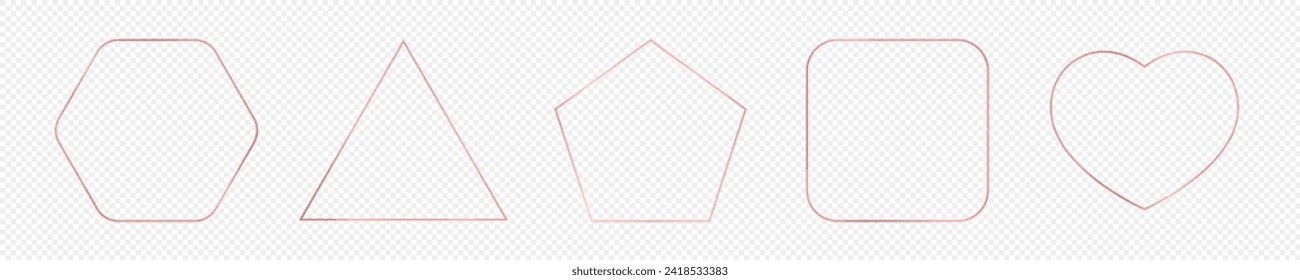 Set of five rose gold glowing different geometric shape frames isolated on transparent background. Shiny frame with glowing effects. Vector illustration