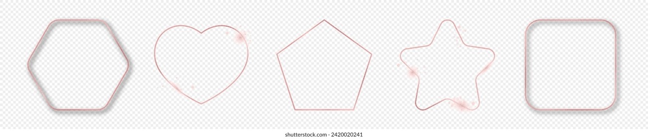 Conjunto de cinco marcos de forma geométrica de color rosa que brillan por diferentes marcos de forma aislados en un fondo transparente. Marco brillante con efectos brillantes. Ilustración del vector