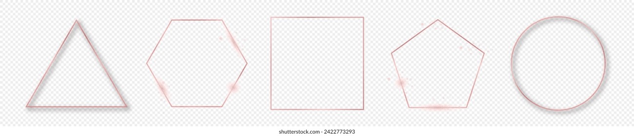 Set of five rose gold glowing different geometric shape frames isolated on transparent background. Shiny frame with glowing effects. Vector illustration