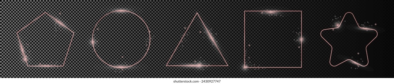 Set of five rose gold glowing different geometric shape frames isolated on dark transparent background. Shiny frame with glowing effects. Vector illustration