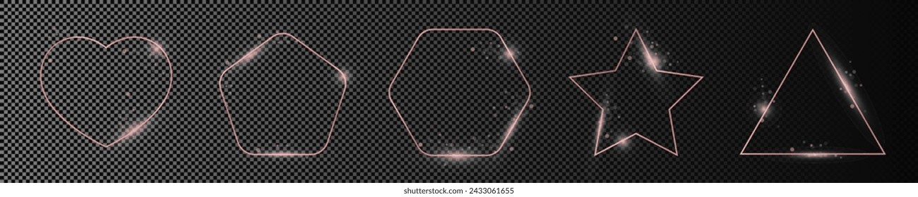 Set of five rose gold glowing different geometric shape frames isolated on dark transparent background. Shiny frame with glowing effects. Vector illustration