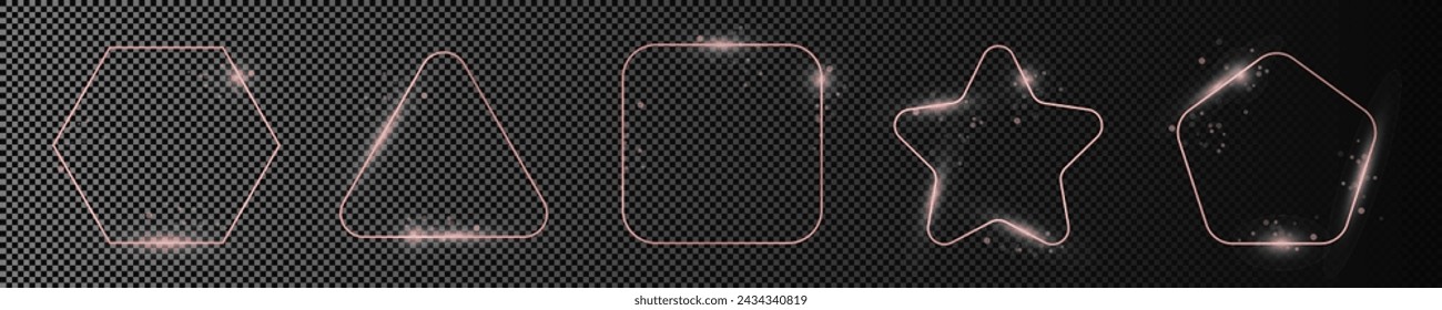 Conjunto de cinco marcos de forma geométrica brillantes de oro rosa aislados sobre fondo transparente oscuro. Marco brillante con efectos brillantes. Ilustración de vector