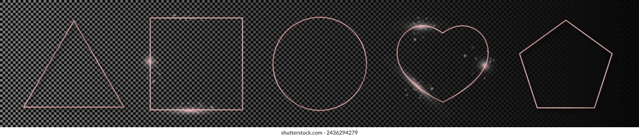 Satz von fünf Roségold glühende verschiedene geometrische Form Rahmen isoliert auf dunklem transparenten Hintergrund. Glänzender Rahmen mit leuchtenden Effekten. Vektorgrafik