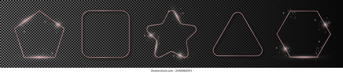 Set of five rose gold glowing different geometric shape frames isolated on dark transparent background. Shiny frame with glowing effects. Vector illustration