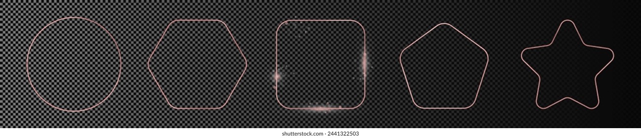 Set of five rose gold glowing different geometric shape frames isolated on dark transparent background. Shiny frame with glowing effects. Vector illustration
