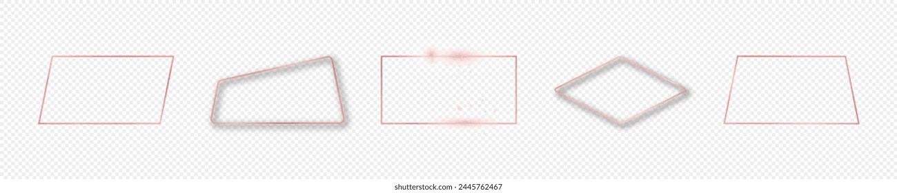 Set of five rose gold glowing different geometric shape frames isolated on transparent background. Shiny frame with glowing effects. Vector illustration