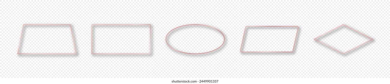 Conjunto de cinco marcos de forma geométrica brillantes de oro rosa aislados sobre fondo transparente. Marco brillante con efectos brillantes. Ilustración vectorial