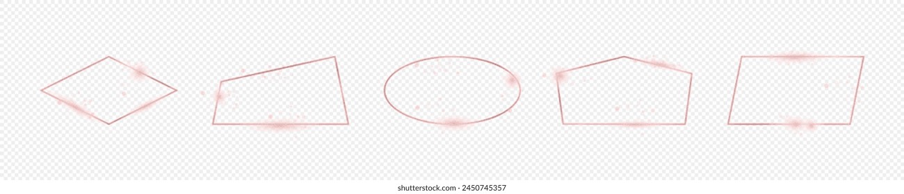 Set of five rose gold glowing different geometric shape frames isolated on transparent background. Shiny frame with glowing effects. Vector illustration