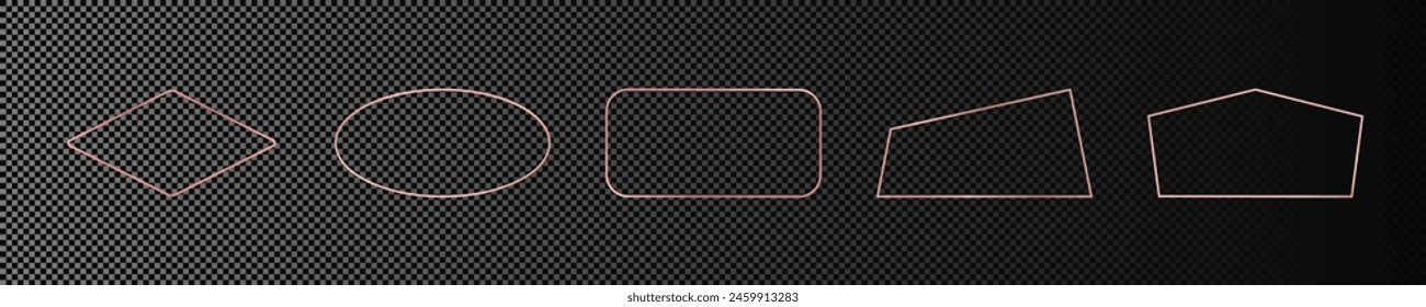 Set of five rose gold glowing different geometric shape frames isolated on dark transparent background. Shiny frame with glowing effects. Vector illustration