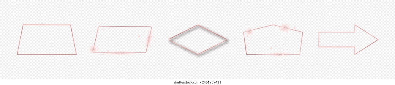 Set of five rose gold glowing different geometric shape frames isolated on transparent background. Shiny frame with glowing effects. Vector illustration