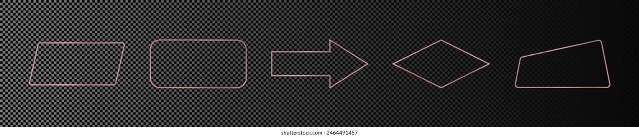 Satz von fünf Roségold glühende verschiedene geometrische Form Rahmen isoliert auf dunklem transparenten Hintergrund. Glänzender Rahmen mit leuchtenden Effekten. Vektorillustration