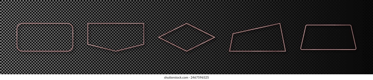 Conjunto de cinco marcos de forma geométrica brillantes de oro rosa aislados sobre fondo transparente oscuro. Marco brillante con efectos brillantes. Ilustración vectorial