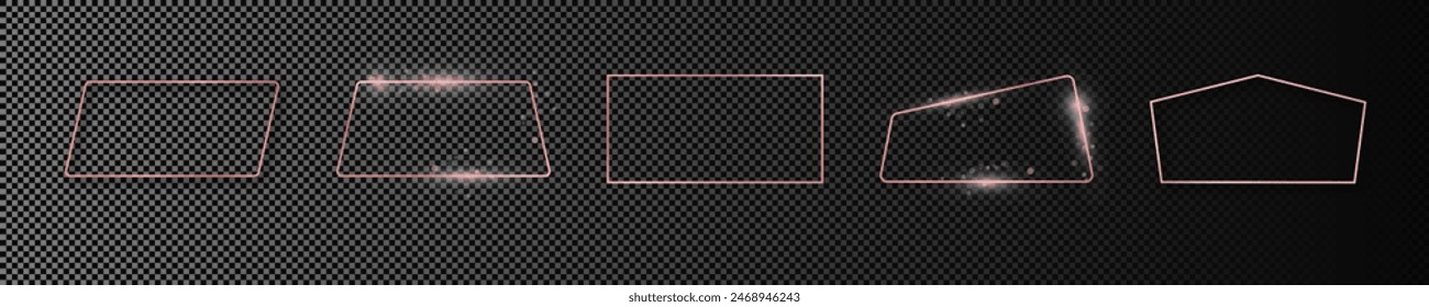 Satz von fünf Roségold glühende verschiedene geometrische Form Rahmen isoliert auf dunklem transparenten Hintergrund. Glänzender Rahmen mit leuchtenden Effekten. Vektorillustration