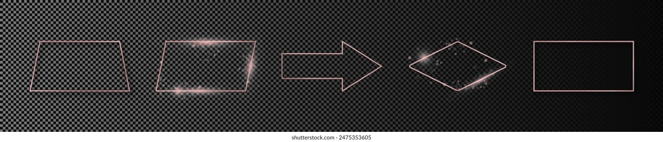 Conjunto de cinco marcos de forma geométrica brillantes de oro rosa aislados sobre fondo transparente oscuro. Marco brillante con efectos brillantes. Ilustración vectorial