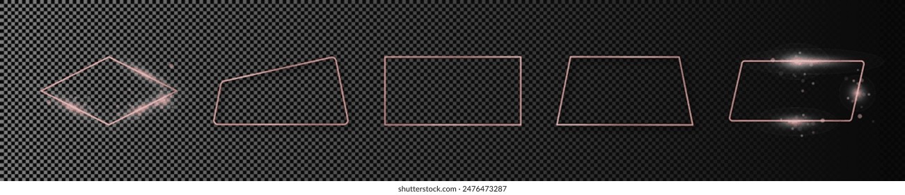 Set of five rose gold glowing different geometric shape frames isolated on dark transparent background. Shiny frame with glowing effects. Vector illustration