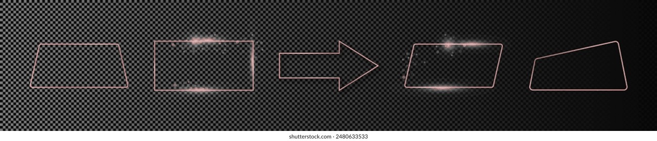 Set of five rose gold glowing different geometric shape frames isolated on dark transparent background. Shiny frame with glowing effects. Vector illustration