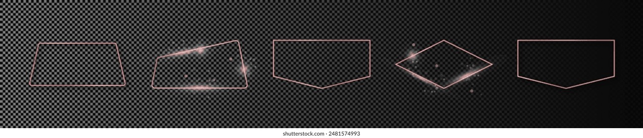 Conjunto de cinco marcos de forma geométrica brillantes de oro rosa aislados sobre fondo transparente oscuro. Marco brillante con efectos brillantes. Ilustración vectorial