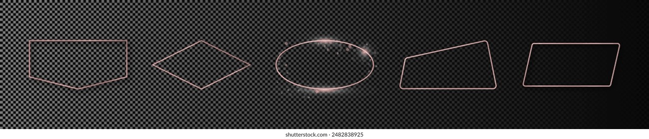 Conjunto de cinco marcos de forma geométrica brillantes de oro rosa aislados sobre fondo transparente oscuro. Marco brillante con efectos brillantes. Ilustración vectorial